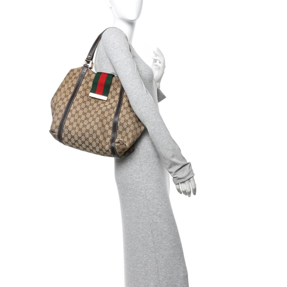 Gucci Beige GG Canvas Tote with Brown Trim and Green-Red Web - Picture 5 of 14